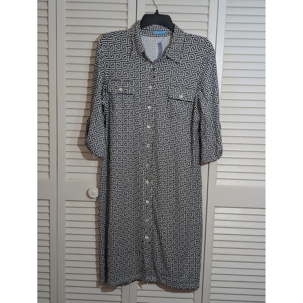 J. McLaughlin Large Black White Greek Key Shirt Dress
